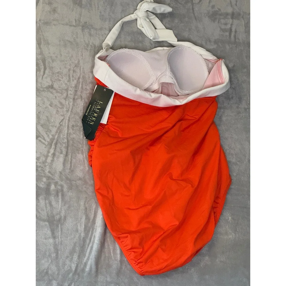 NWT Lauren Ralph Lauren Slimming Fit Halter One Piece Swimsuit Orange White 8 - Picture 7 of 9